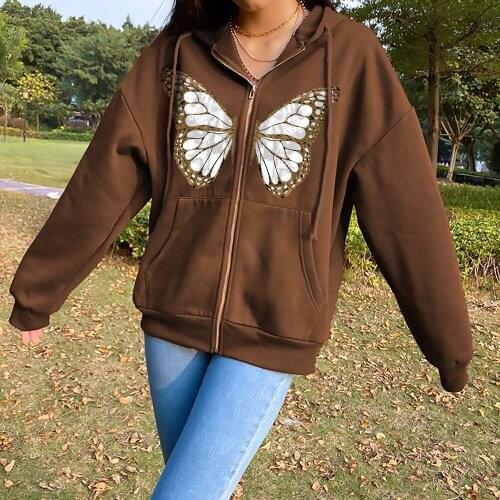 Womens Clothing Harajuku Hoodie Zipper Sweatshirt Women Cotton Hoodies for Girls Butterfly Print Long Sleeve Oversize Clothes