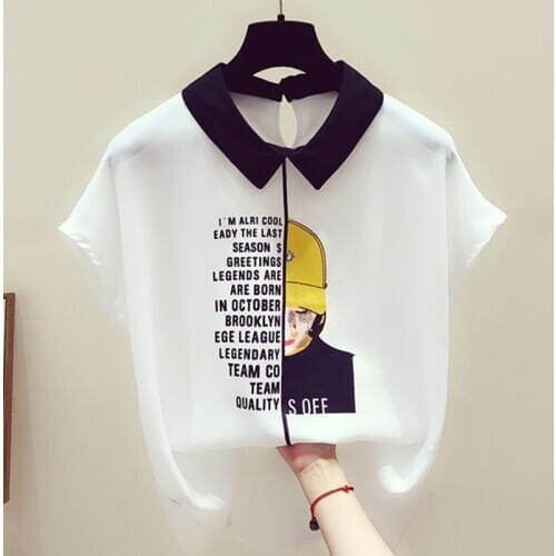Korean Fashion Women Clothing 2020 Ladies Tops Chiffon Spliced Peter Pan Collar Batwing Sleeve White Shirt for Women Blusas 0649