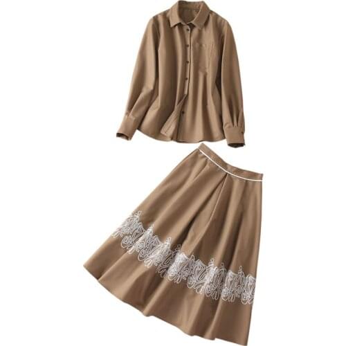 Womens Fall Fashion Two Pieces Clothes Set Turn-Down Collar Long Sleeved Khaki Shirt + Embroidered A-Line Draped Skirt