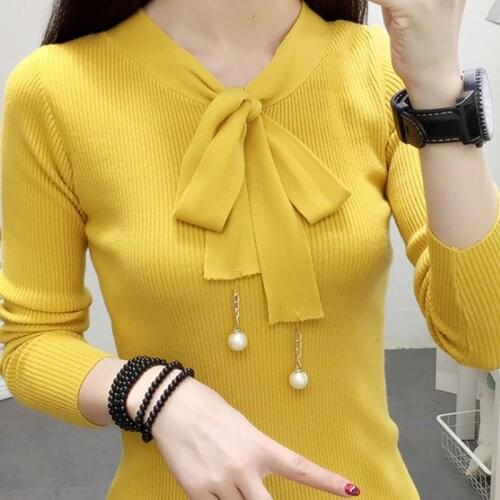 2021 new autumn winter yellow bow knit women sweater pink spring slim students knitting pearl Pullovers womens fashion clothing