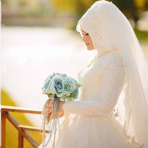 E JUE SHUNG White Lace Appliques Ball Gown Muslim Wedding Dresses Long Sleeves Wedding Gowns Bride Dresses