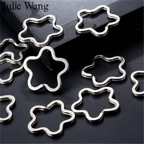 Julie Wang 10PCS Multi-Shape Key Ring Iron Heart Star Flower Split Ring Keychains Key Chains Handmade Jewelry Making Accessory