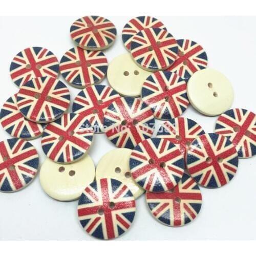 100pcs 20mm Natural UK England British Flag Wood Buttons Sewing 2 Holes Embellishments Preschool Education CRAFTS