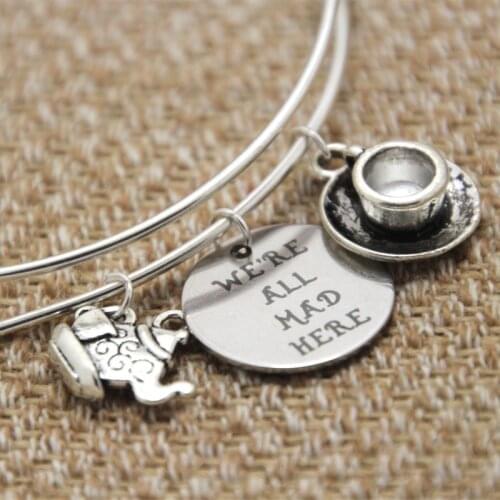 12pcs Alice In Wonderland Jewelry We're all Mad here adjustable bracelet Alice Fan Gift Lewis Carroll Quote Literature Gift