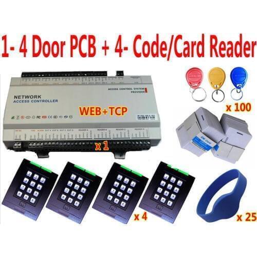 1 pcs of 4 Door Network Web IP Access Controller Panel Board+4 pcs Keypad Code Reader/EM ID Card Readers+EM Card/Keytag/Wristand