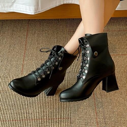 Round Rivet Flanging Martin Boots Super High Thick Heel With Pointed Metal Round Hole Fashion British Style Female Ankle Boots