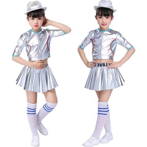 Silver children jazz dance costume Hip hop modern dancewear Girl bright performance clothing Cheerleading costumes