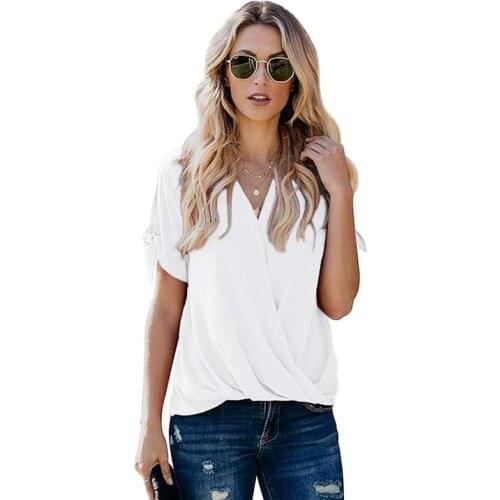 Summer Short Sleeve Solid Color Folds V Neck T-shirt Women Casual Simplicity Elegant Temperament Loose Streetwear Office Tops