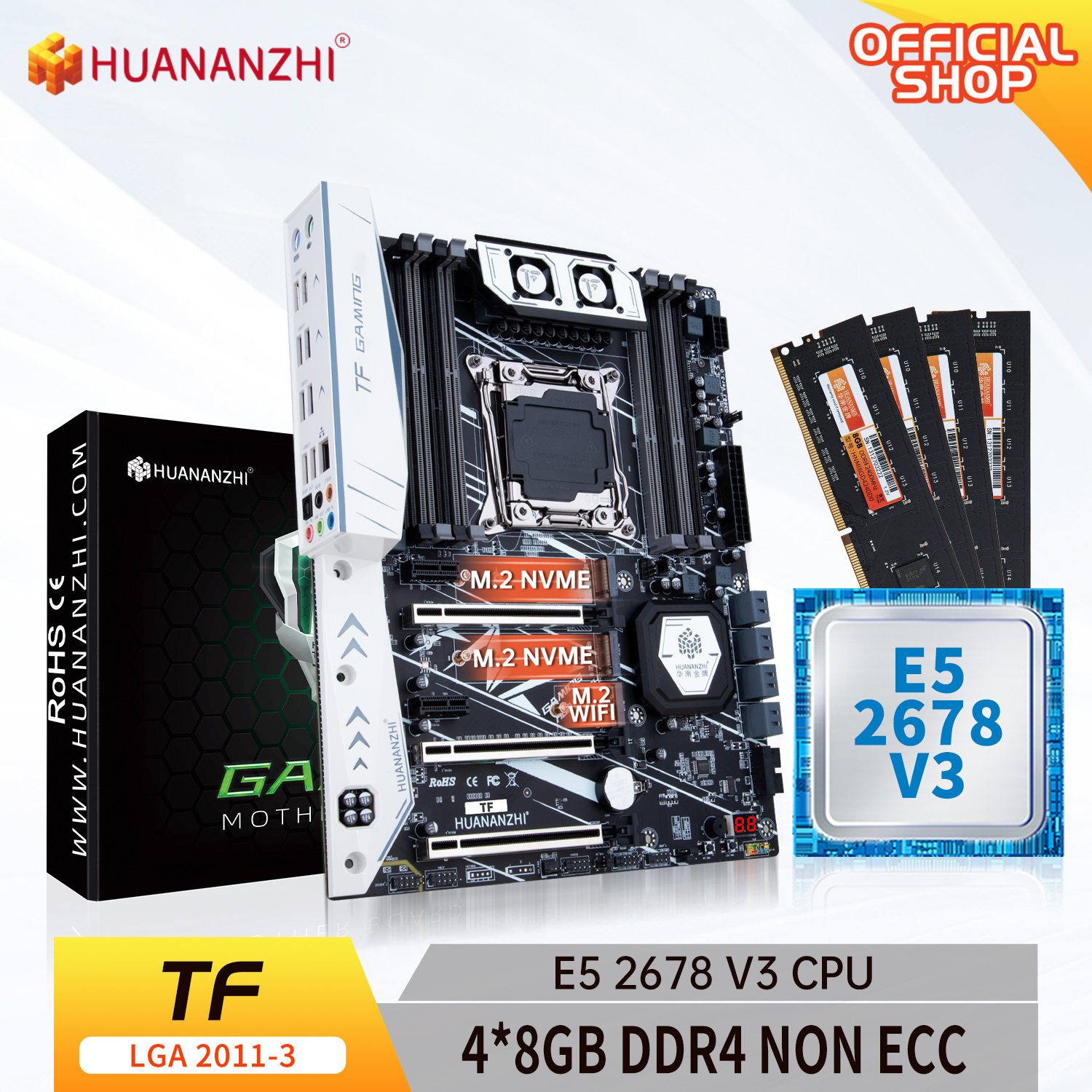 HUANANZHI X99 TF X99 Motherboard with Intel XEON E5 2678 V3 with 4*8G DDR4 NON ECC memory combo kit set NVME SATA 3.0 USB 3.0