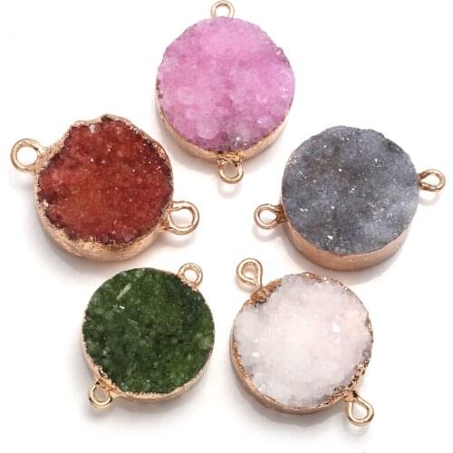 Round Shape Druzy Agates Pendant Double Hole Fashion Connectors For Jewelry Necklace Bracelets Making Best Gift Size 20x35mm