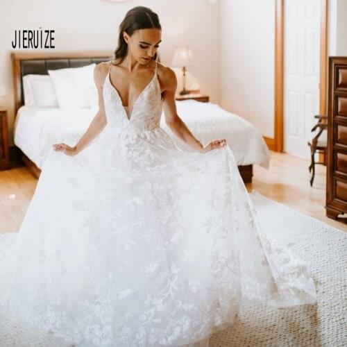JIERUIZE Lace Beach Wedding Dresses Spaghetti Straps Backless Sleeveless A Line Bridal Gowns Summer Boho Bride Dress Robe de
