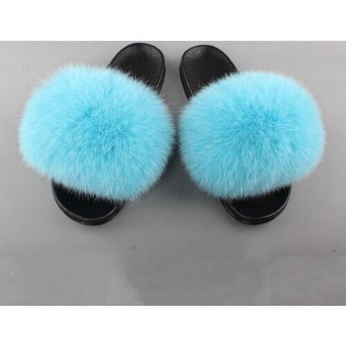 Fur Slippers For Women Real Fox Fur Slides Furry Flat Sandals Female Cute Fluffy Shoes