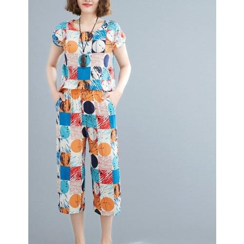 Fashion Summer Set 2021 New Thin Cotton Nylon Print Floral Vintage Women Clothes Set Loose Top Pants 2 Piece Casual Set Suits