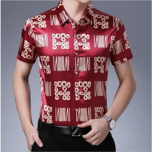 Summer 2020 Male Silk Dress Shirt Fashion Stripes Shirts Casual Short Sleeve Fashion Man Satin Silk Clothes