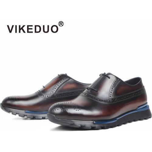 VIKEDUO Brogues Sneakers Men Genuine Leather Patina Brown Shoes Sports Summer Casual Footwear Mans Driving Zapatos de Hombre