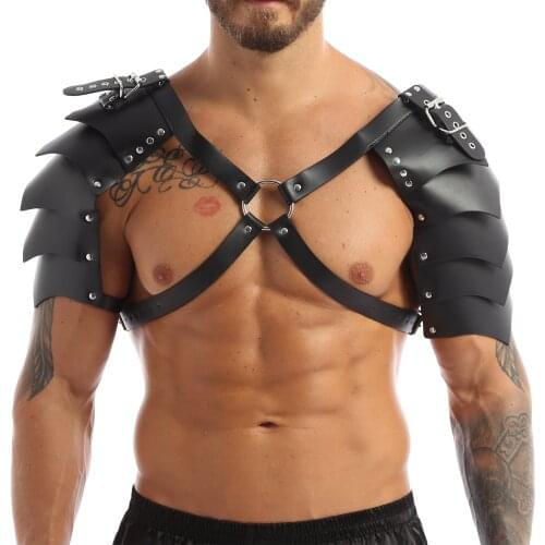 Mens Steampunk Gothic PU Leather Double Shoulder Armors Buckles X-shape Body Chest Harness Belt for Party Cosplay Halloween