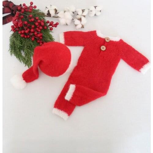 Newborn Christmas Outfit Hooded Romper Full Knit Mohair Lace Bonnet Photography Props