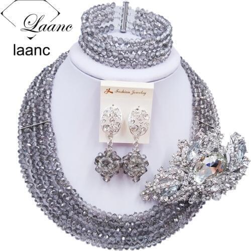 Laanc Handmade Grey Gray Crystal Beaded Necklace Nigerian Wedding African Beads Jewelry Set for Women 5DS018