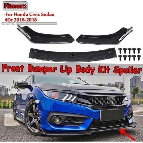3piece Carbon Fiber Look/Black Car Front Lower Bumper Lip Diffuser Spoiler Body Kit For Honda For Civic Sedan 4Dr 2016 2017 2018