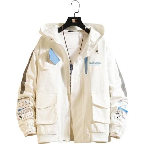 Casual jacket mens black letter print windbreaker hooded jumpsuit ribbed sleeves mens spring jacket youth college jacket