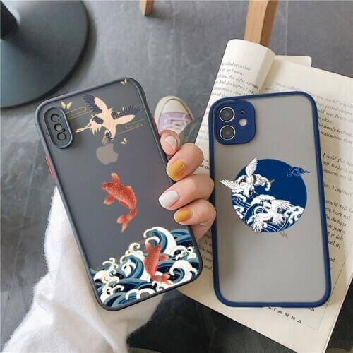Crane and Koi Chinese style Phone Cases For iPhone 11 12 Pro Max XR XS Max X For iPhone 8 7 6S Plus SE2 Shockproof PC Back Cover