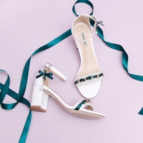 Sandals Green bow pearl pendant hollow one word with thick heel womens sandals fairy fragrance size elegant womens shoes new