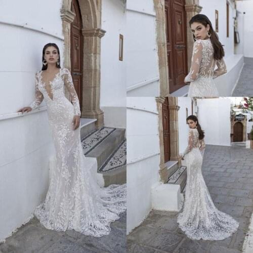 Mermaid Wedding Dresses 2020 Appliqued Lace Sheer Deep V Neck Bridal Gowns Sweep Train Country Robe De Mariée