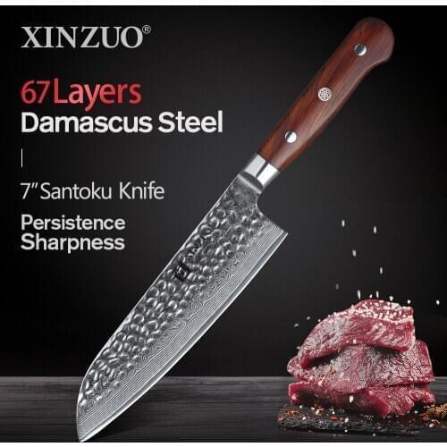 XINZUO 7 inch Santoku Knife Japanese Damascus Steel Kitchen Knife Stainless Steel Vegetable Knives Chefs Knives Rosewood Handle