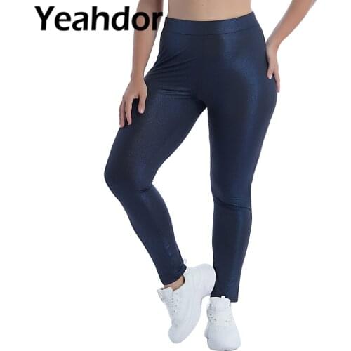 XL-5XL Women Long Pencil Pants Tight Pure Color High Waist Elastic Waist Shiny Metallic Glittering Fabric Stretchy Pants Trouser