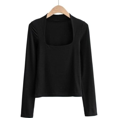 2021 New Spring autumn street casual two-color square collar solid color pullover T-shirt women, sexy slim long-sleeved T-shirt