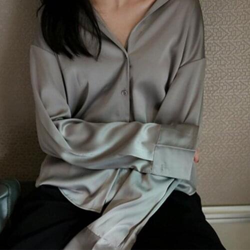 Womens OL Office Shirt Commuter Shirt Silky Satin White Gray Blue
