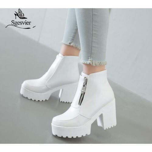 Sgesvier Black White Platform Ankle Boots for Women High Heels Boots Ladies Zip Autumn Winter Booties Woman Boots Shoes 2020