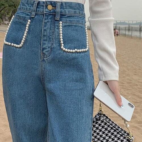 2021 High Waist Jeans For Women Vintage Straight Leg Denim Pants Pearl Decor Trousers for Female Streetwear Style Womens Jeans