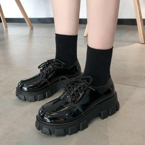 Black Chunky Platform Shoes Women 2021 Spring Summer Fashion Lace Up Flats Ladies Punk Gothic Oxford Casual Leather Shoes