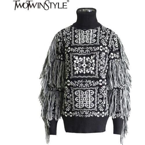 TWOTWINSTYLE Patchwork Hit Color Tassel Sweater Turtleneck Long Sleeve Knitted Clock Warm Sweater Female 2020 Winter Fashion New