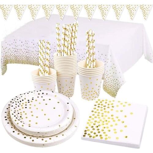 White Gold Dot Plates Cups Napkins Disposable Tableware for Happy Birthday Party Supplies Wedding Baby Shower Party Decoration