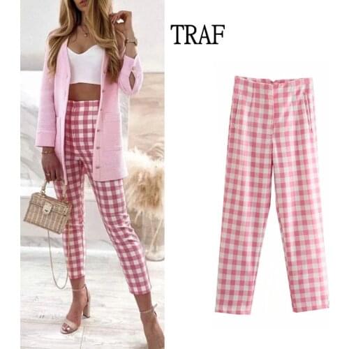 TRAF Za 2021 Women Pink Pants Spring Autumn Vintage Plaid High Waisted Pant Woman Elegant Trousers Famale Zipper Stright Pants
