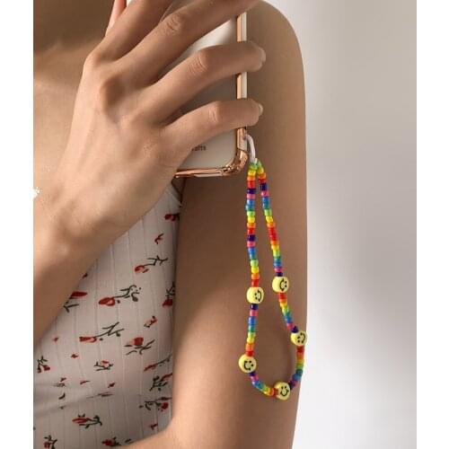 2021 New Ins Trendy Colorful Smiling Beads Chain Mobile Phone Chain Anti-lost Handmade Charm Acrylic Cord Lanyard for Women