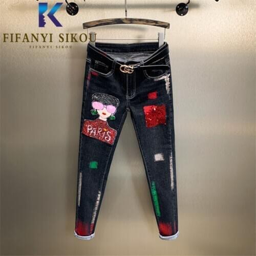 Black High Waist Jeans Women Sequin Embroidery Fashion Washed Jeans Autumn Women Plus Size Stretch Jeans Slim Denim Pencil Pants