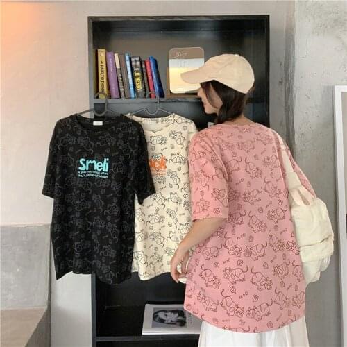 Design sense niche ins net red 2021 summer new loose half-sleeved blouse calf printing innovation personality all-match