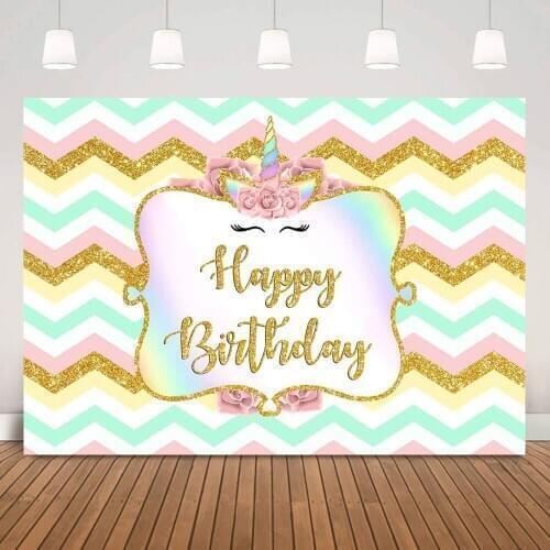 Floral Unicorn Gold Birthday Backdrop Photography Rainbow Stripes Photo Shoot Newborn Unicorn Happy Birthday Background Props