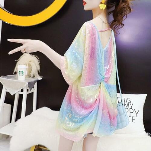 Korean Summer Loose Gradient T-shirt Womens Short-Sleeved Back Cross Backless Sexy Tees Bronzing Mid-Length Tops Plus Size 3XL