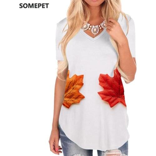 SOMEPET Maple Leaf T Shirt Women Pattern Shirt Print Painting V-neck Tshirt Creativity T-shirts 3d Womens Clothing Summer Loose