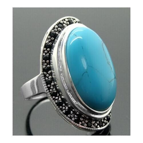 Blue Turquoises Oval Gems 925 Sterling Silver Marcasite Ring size6-9