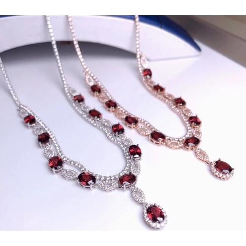 Red garnet gemstone chain necklace for girl luxury style :silver collarbone necklace big size natural gem birthday party present