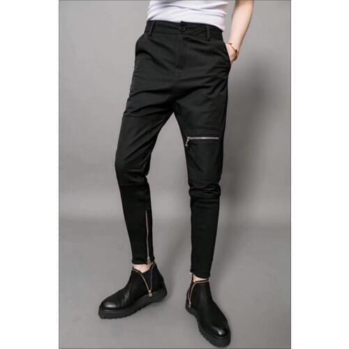 M-5xl New Tide Men Black Zipper Harem Pants Fashion Casual Beam Leg Pants Hairstylist Personality Feet Pants Plus Size Trousers