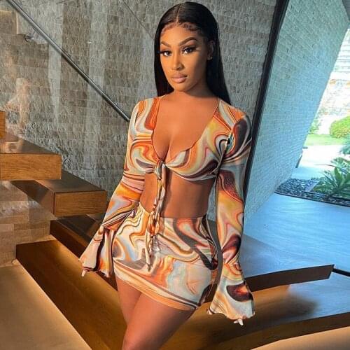 European And American Style Fashion Casual Womens Clothing Color Pattern Printed Mesh Lace Up Slim Fit Show Chest Skirt Suit