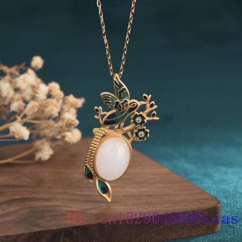 Jade Bird Pendant Gifts Natural Charm Gemstone 925 Silver Women Chinese Amulet Chalcedony Crystal Necklace Jewelry Zircon