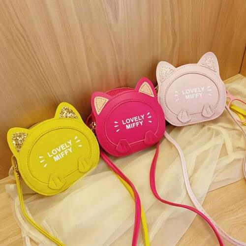 New Cartoon Cat Image Childrens Bag Small Pu Leather Crossbody Bag Zipper Coin Purse Women Lipstick Credit Card Bag Key Wallet