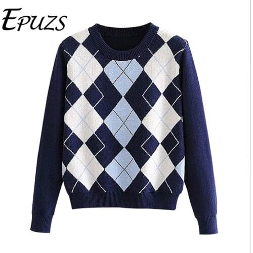 Autumn diamond-shaped lattice knitted sweater women pullover vintage long sleeve chic cute sweater 2020